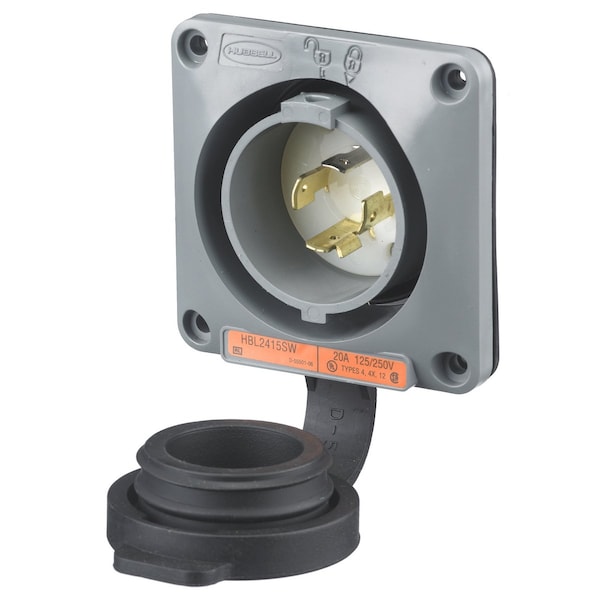 Watertight Flanged Locking Inlet, 20 A, 120/208V AC, Single Phase, 4 Pole, Screw Terminals, Gray